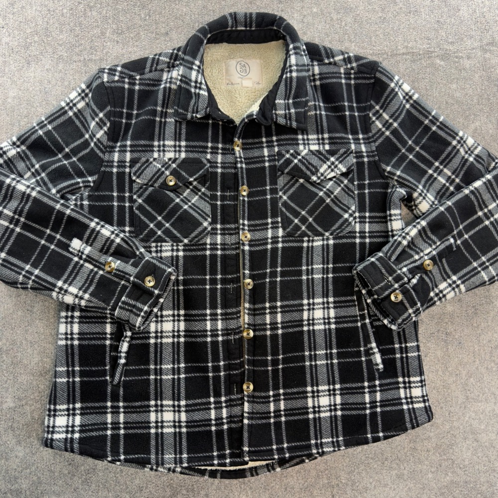 Sage Collective Black White Plaid Fleece Sherpa Lined Shirt Jacket Shacket M